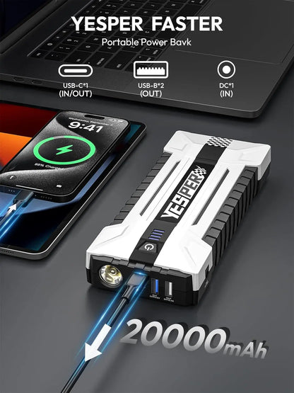 YEPSER YJS20 3000A Peak 12V Car Jump Starter 20000mAh Fast Charge Power Bank 3 Lights for 10.0L Gas/8.0L Diesel
