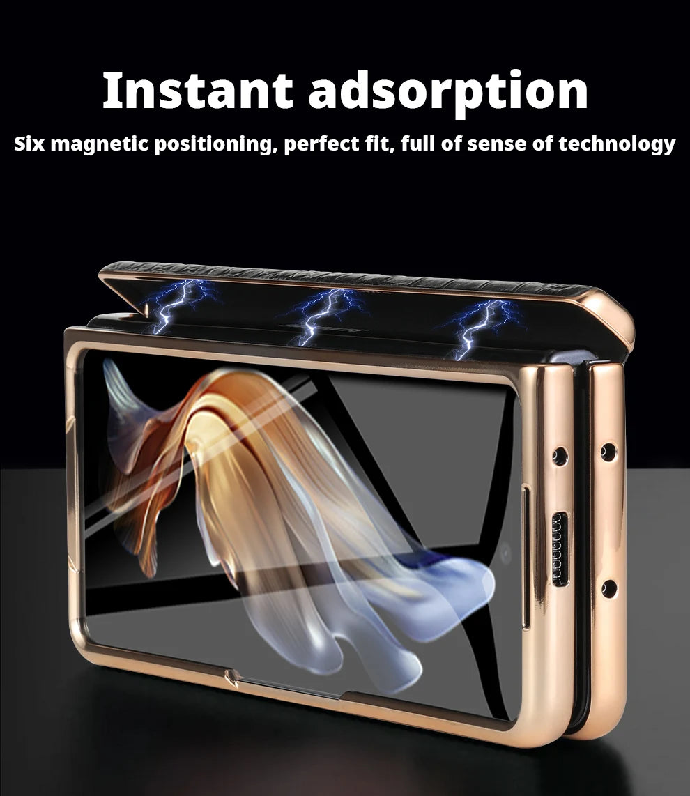 LANGSIDI Leather Case for Samsung Galaxy Z Fold 6 5 4 3 Fold6 Fold5 Gold Plating Magnetic Hinge Stand Cover with Mirror Film