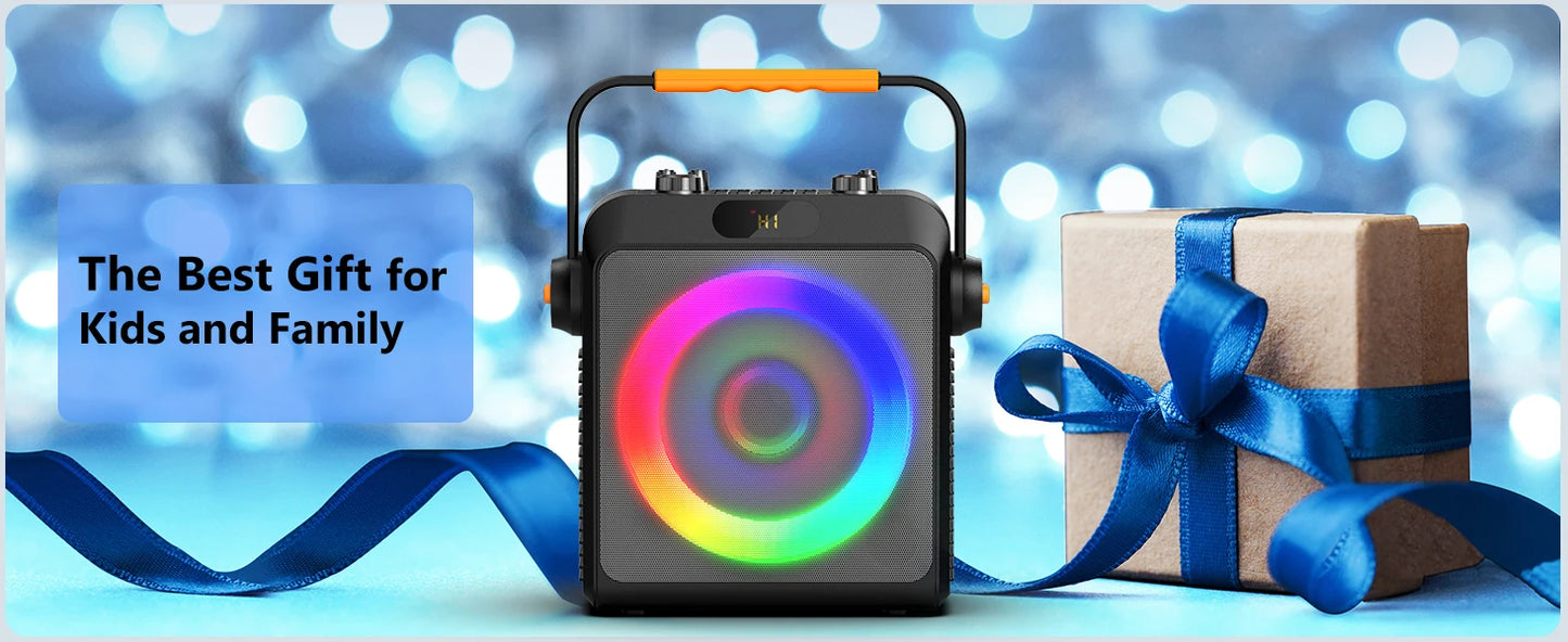 Karaoke Machine with 2 Wireless Microphones, Portable Speaker with LED Lights for Kids and Adults, Supports Bluetooth/USB/TF/AUX