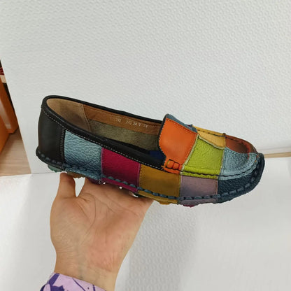 Koznoy 2.5cm Native Flats Shoes Women Natural Cow Genuine Leather Big Size Mixed Color Soft Soled Loafer Ethnic Moccasins Comfy