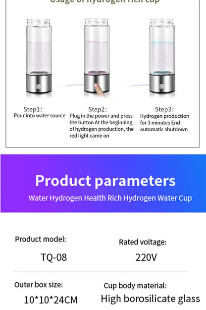 Hydrogen Water Bottle for Home Office Travel and Daily Drinking Portable Hydrogen Water Bottle Generator Water Ionizer Machine
