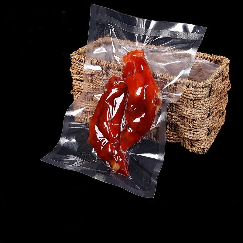 100 transparent plastic open pockets for storing food, meat, fish, fruits, and snacks, with customizable logos,