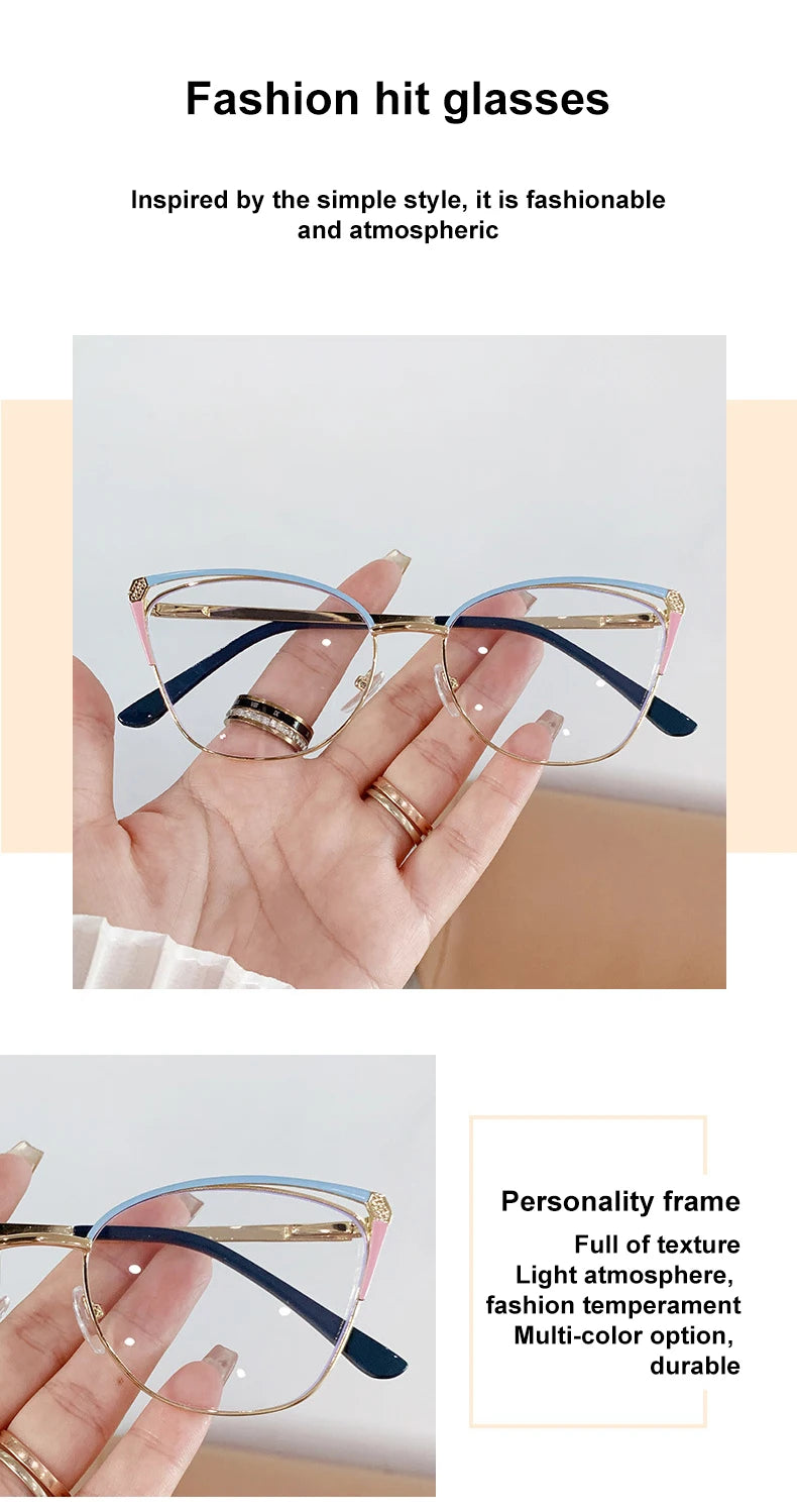 CAIDERONI Trend Cat Eye Women Fashion Anti Blue Light Metal Glasses Butterfly Customized Lens Reading Glasses Women Myopic 25062