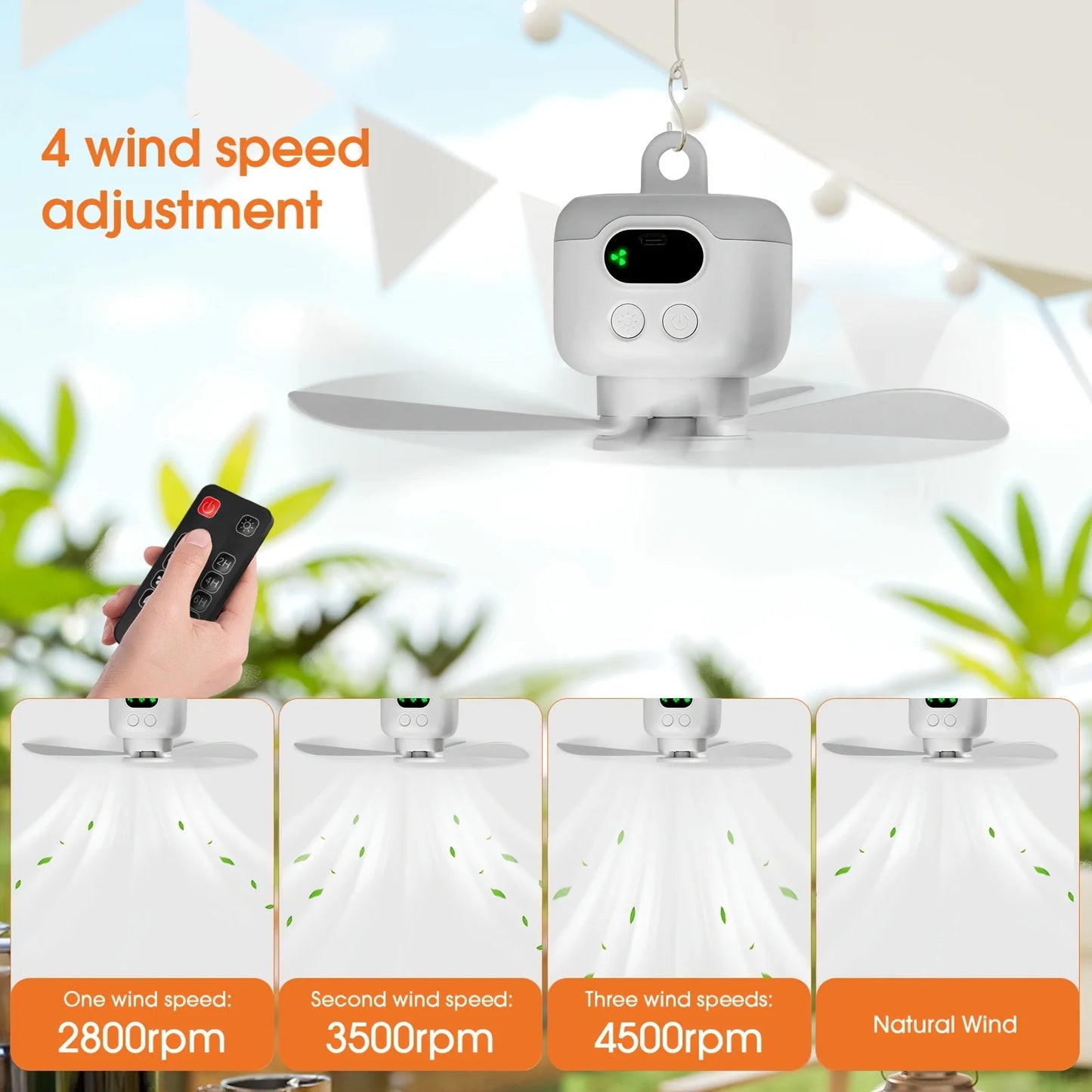 Portable Ceiling Fans 8000mAh Outdoor Camping Fan Tent Ventilator Cooler Rechargeable Electric Fan Remote Control LED Lighting