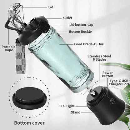 New Portable Blender 600ML Electric Juicer Fruit Mixers 4000mAh USB Rechargeable Smoothie Mini Blender Personal Juicer Colorf
