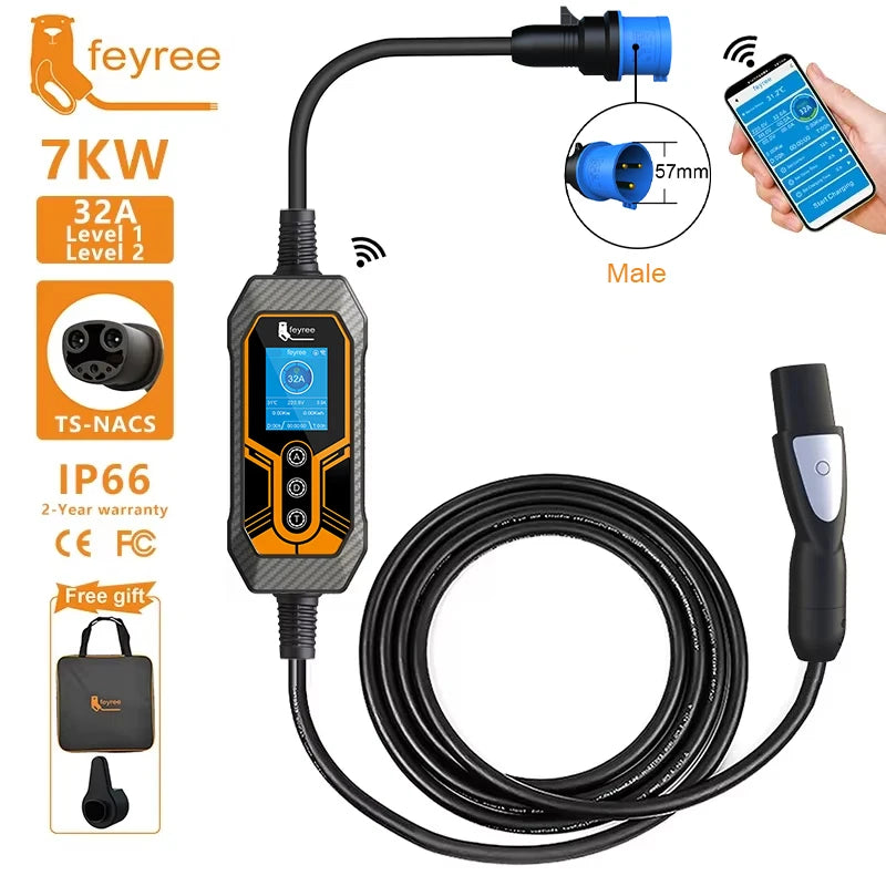 feyree EV Charger Wallbox TS-NACS Socket 32A 7KW 1Phase APP Control EVSE Portable Charging Box for Tesla Cars Models 3/Y/S/X