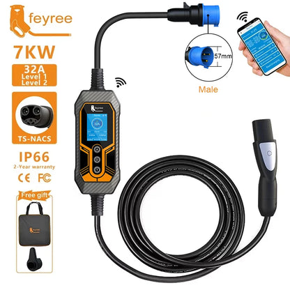 feyree EV Charger Wallbox TS-NACS Socket 32A 7KW 1Phase APP Control EVSE Portable Charging Box for Tesla Cars Models 3/Y/S/X