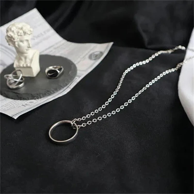 Hot Sale Fashion Ring Pendant Necklace Metal Silver Color Couple Chain Necklaces Men Women Hip Hop Jewelry Gift