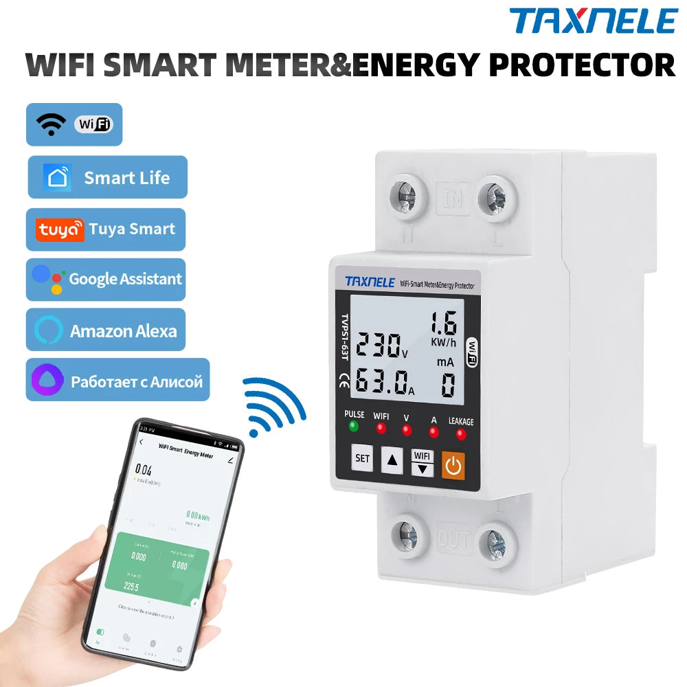 63A TUYA  WiFi Smart Earth Leakage Over Under Voltage Protector Relay Device Switch Breaker Energy Power kWh Meter Smart Life
