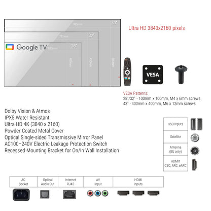 Souria 43 inches Smart Mirror Large Screen Waterproof TV Goo-gle TV System Hotel Indoor Bathroom SPA Bluetooth WiFi DTV Tuner