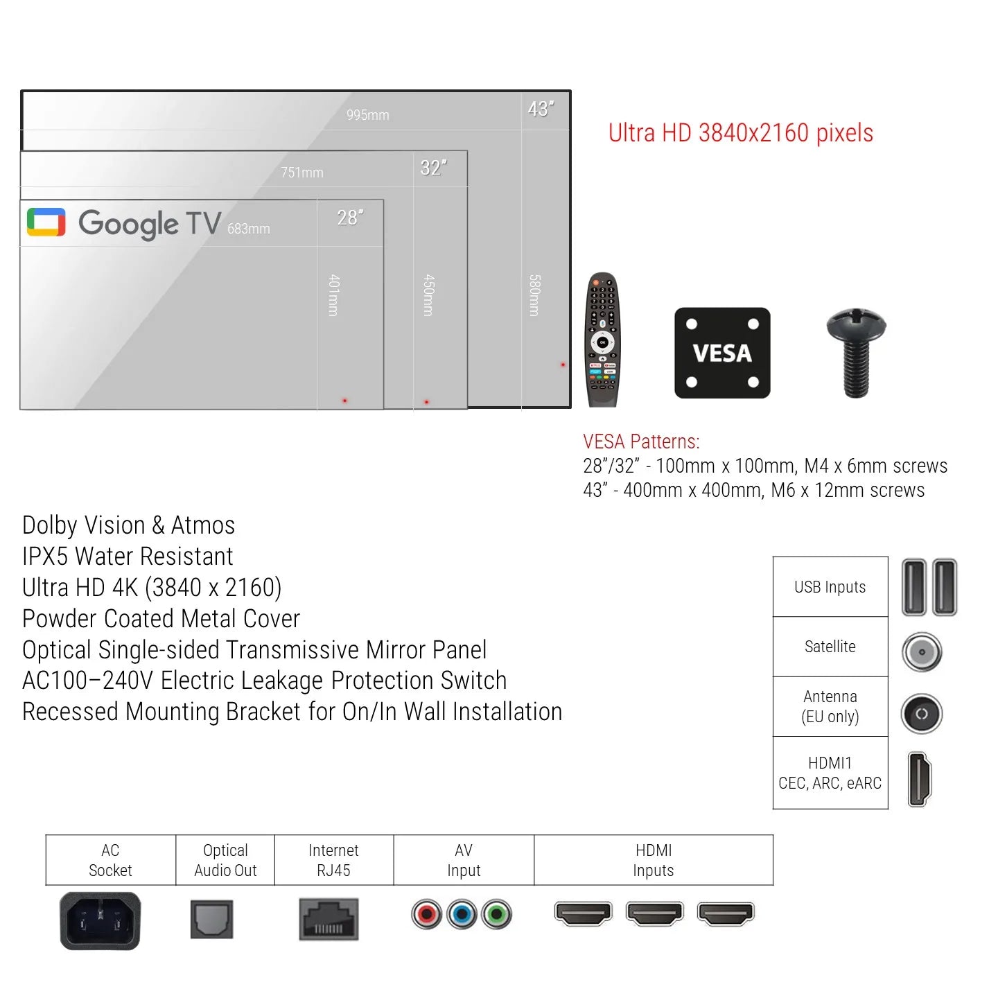 Souria 43 inches Smart Mirror Large Screen Waterproof TV Goo-gle TV System Hotel Indoor Bathroom SPA Bluetooth WiFi DTV Tuner