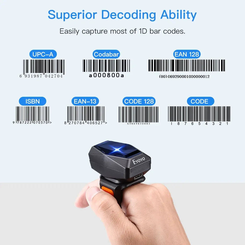 Eyoyo EY-016 Finger Ring Barcode Scanner Mini Wearable 3-in-1 USB Wired & 2.4G Wireless QR Reader for Store Warehouse Scanning