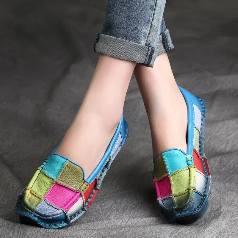 Koznoy 2.5cm Native Flats Shoes Women Natural Cow Genuine Leather Big Size Mixed Color Soft Soled Loafer Ethnic Moccasins Comfy