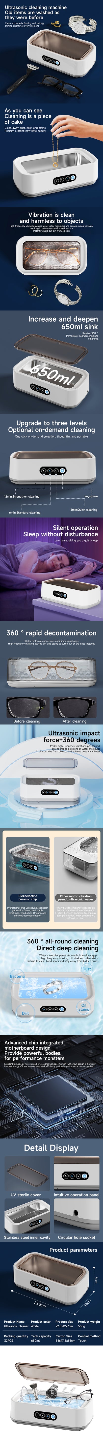 TINSOL 49KHZ High-Frequency Ultrasonic Cleaner 650ml Mini Vibration Cleaning Machine Suitable for Glasses Jewelry and Dentures