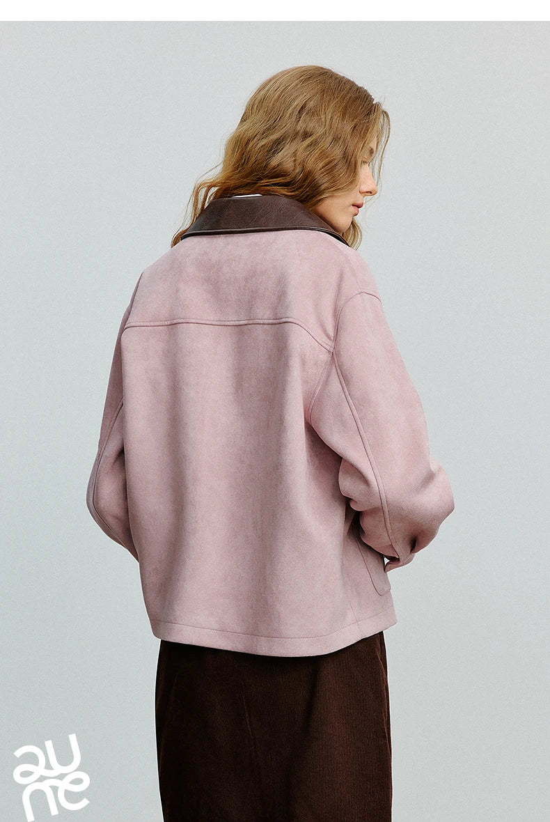 TOYOUTH Women Jacket coat 2025 Autumn New Vingtage Barn Style Suede Leather Patchwork Collar Jacket Brown