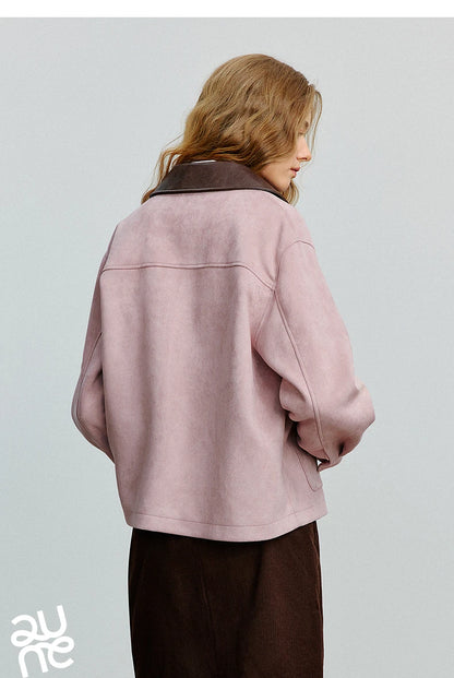 TOYOUTH Women Jacket coat 2025 Autumn New Vingtage Barn Style Suede Leather Patchwork Collar Jacket Brown
