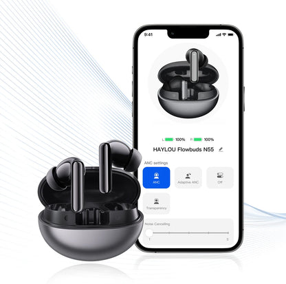 HAYLOU Flowbuds N55 Wireless Earbuds 54dB Adaptive ANC Bluetooth 6.0 LDAC Hi-Res Audio 6-Mic HD Call Earphones 40H Playback IPX5