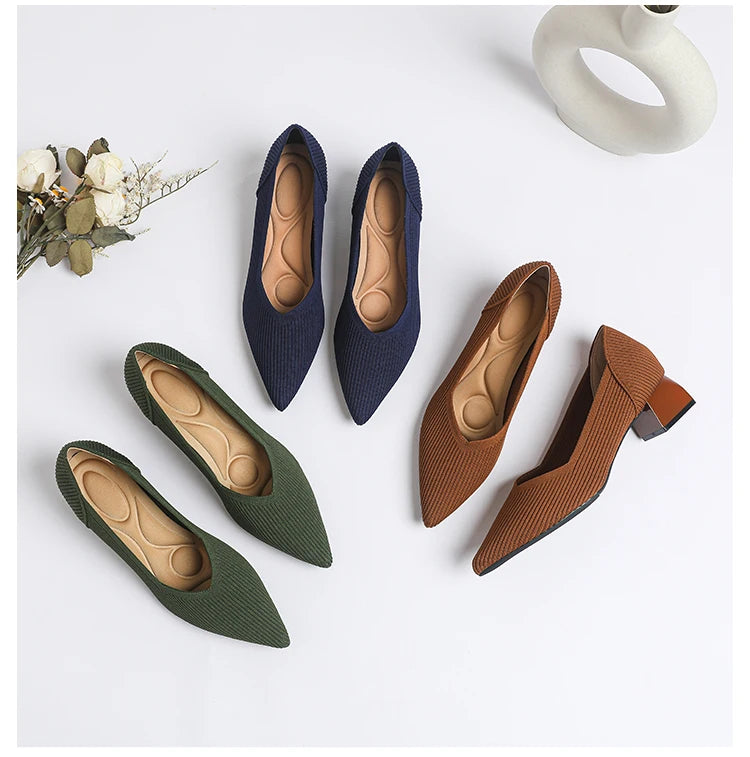 2025 New Women's High Heels Large 42/43 Fashion Pointed Anti slip Rubber Bottom Knitted Breathable Shoes