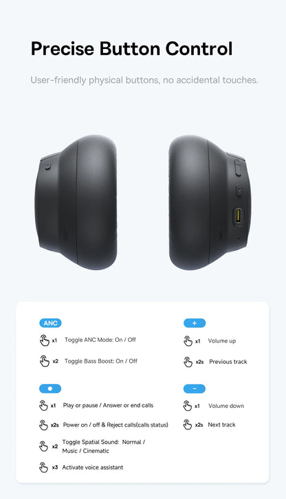 Baseus Bass EH10 NC Wireless Headphones Bluetooth 6.0 Noise Canceling 45dB Over Ear HeadsetSpatial Audio Earphone 80H Time
