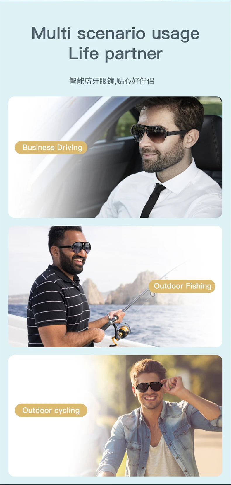 F08 Open-Ear Design Music & Calls Wireless Audio Eyewear Polarized Lenses Built-in Mic Semi-Rim Bluetooth Sunglasses