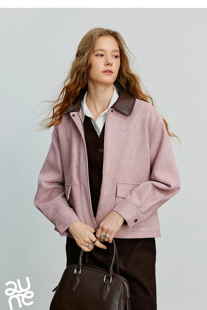 TOYOUTH Women Jacket coat 2025 Autumn New Vingtage Barn Style Suede Leather Patchwork Collar Jacket Brown