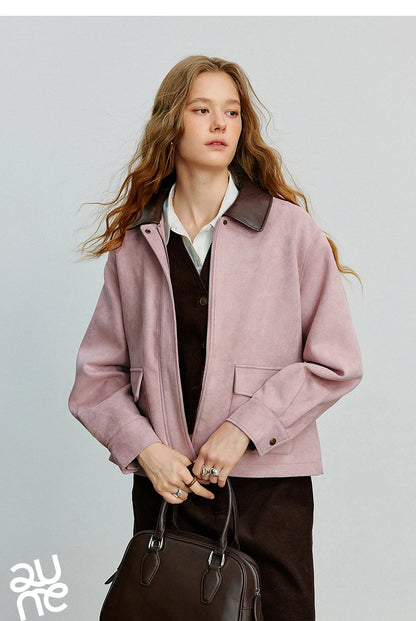 TOYOUTH Women Jacket coat 2025 Autumn New Vingtage Barn Style Suede Leather Patchwork Collar Jacket Brown