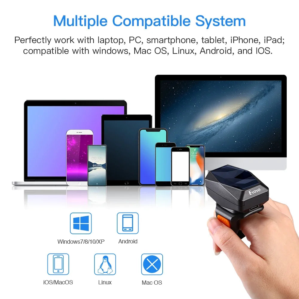 Eyoyo EY-016 Finger Ring Barcode Scanner Mini Wearable 3-in-1 USB Wired & 2.4G Wireless QR Reader for Store Warehouse Scanning