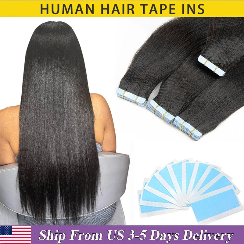 MRS HAIR Light Yaki Tape In Hair Extensions Human Hair Cuticle Remy Tape in Extensions SilkPressed Yaki Tape ins 12-26inch 20pcs