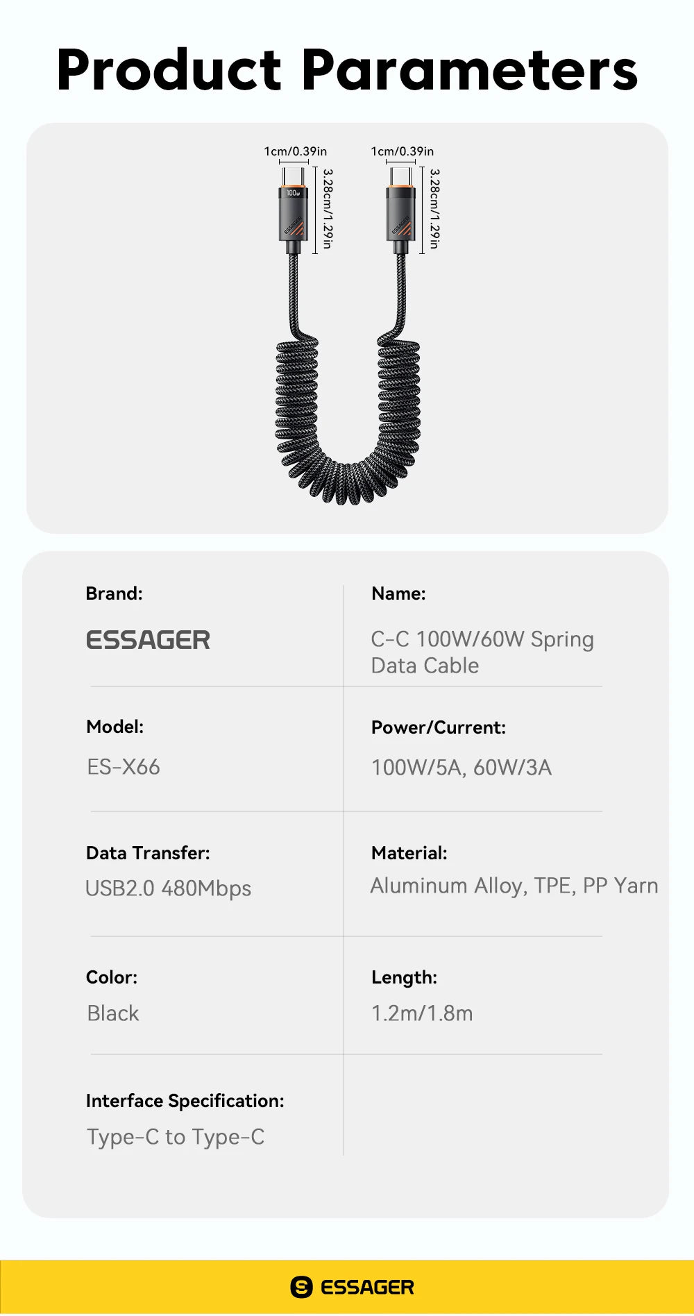 Essager Car Spring Type C Cable  For iPhone 16 15 Xiaomi Samsung 100W PD Fast Charging For Macbook iPad Type C to Type C Cable