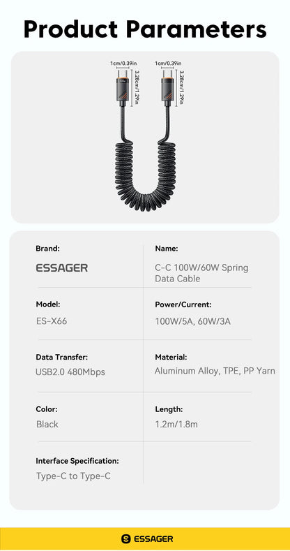 Essager Car Spring Type C Cable  For iPhone 16 15 Xiaomi Samsung 100W PD Fast Charging For Macbook iPad Type C to Type C Cable