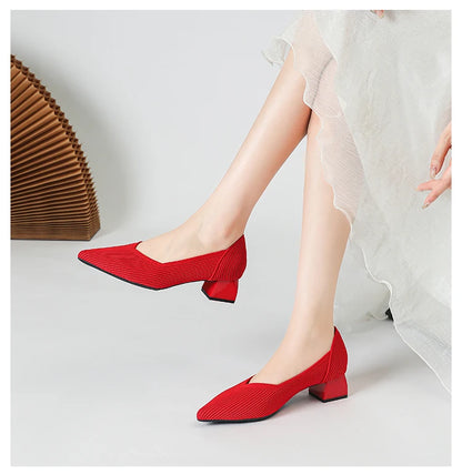 2025 New Women's High Heels Large 42/43 Fashion Pointed Anti slip Rubber Bottom Knitted Breathable Shoes