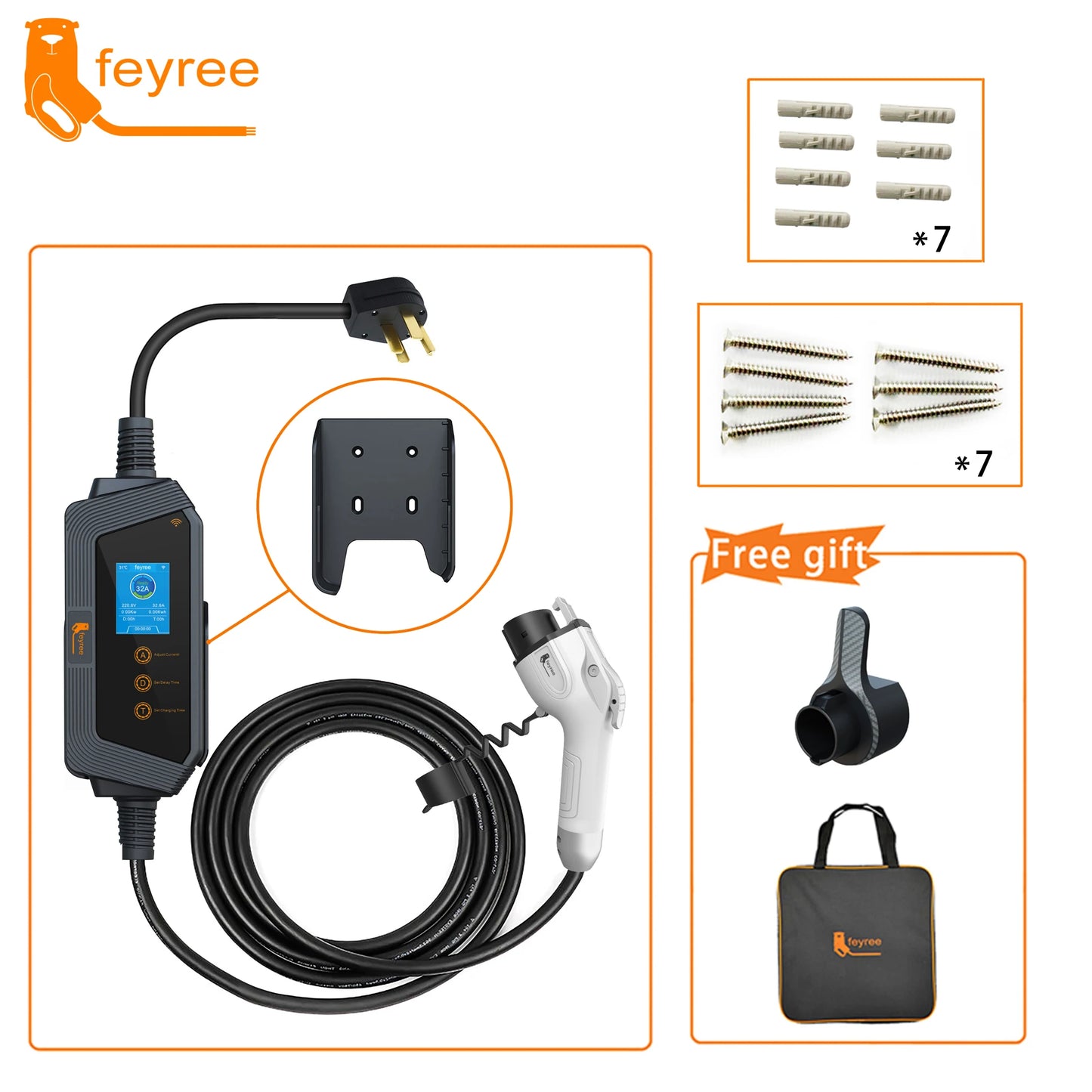 feyree Type1 Portable EV Charger 7KW 32A 1Phase J1772 Socket with 5m Cable Smart APP WIFI Control Version for Electric Vehicle