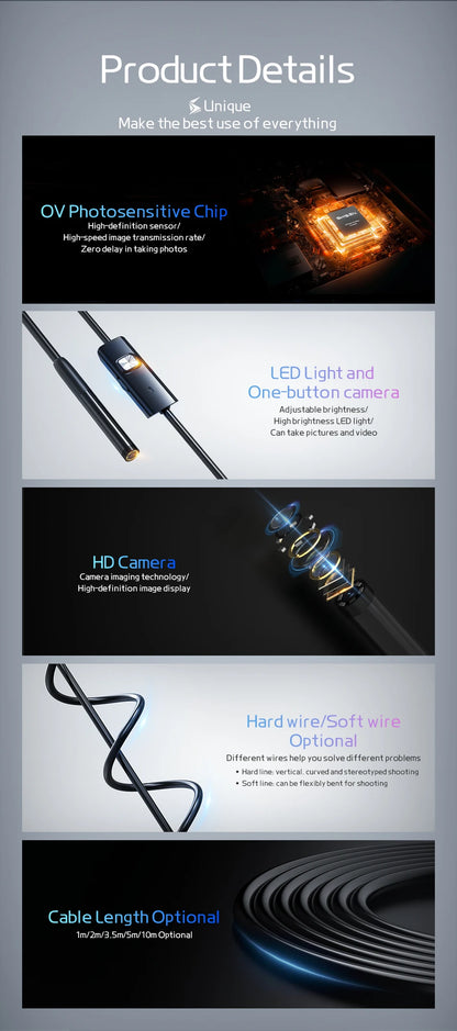 8mm Endoscope Camera 720P HD USB Endoscope With 8 LED 1/2/5/10M Flexible Cable Waterproof Inspection Borescope for Android PC