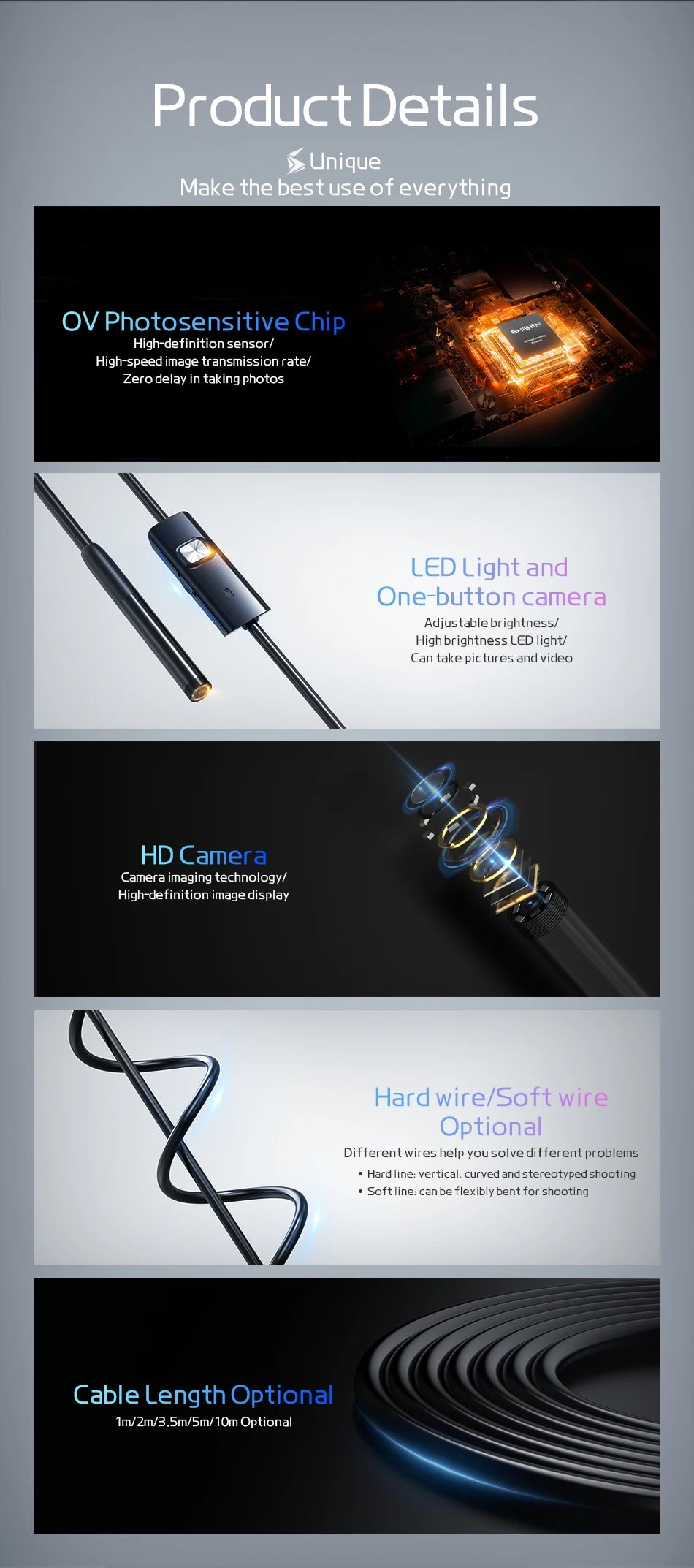 8mm Endoscope Camera 720P HD USB Endoscope With 8 LED 1/2/5/10M Flexible Cable Waterproof Inspection Borescope for Android PC