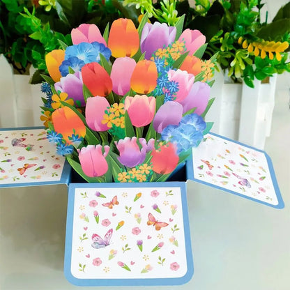 New 3D Pop Up Bouquet Flowers Happy Mother's Day Card 3D Greeting Cards Birthday Postcard Thank You Girlfriend Teacher Gifts