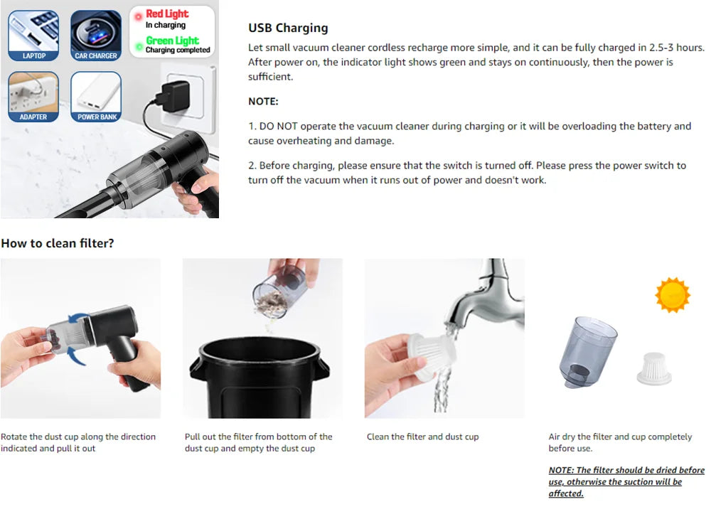 Cordless Handheld Vacuum Cleaner High Power Mini Portable Car Dust Collector with Hairdryer Function for Auto Interior Cleaning
