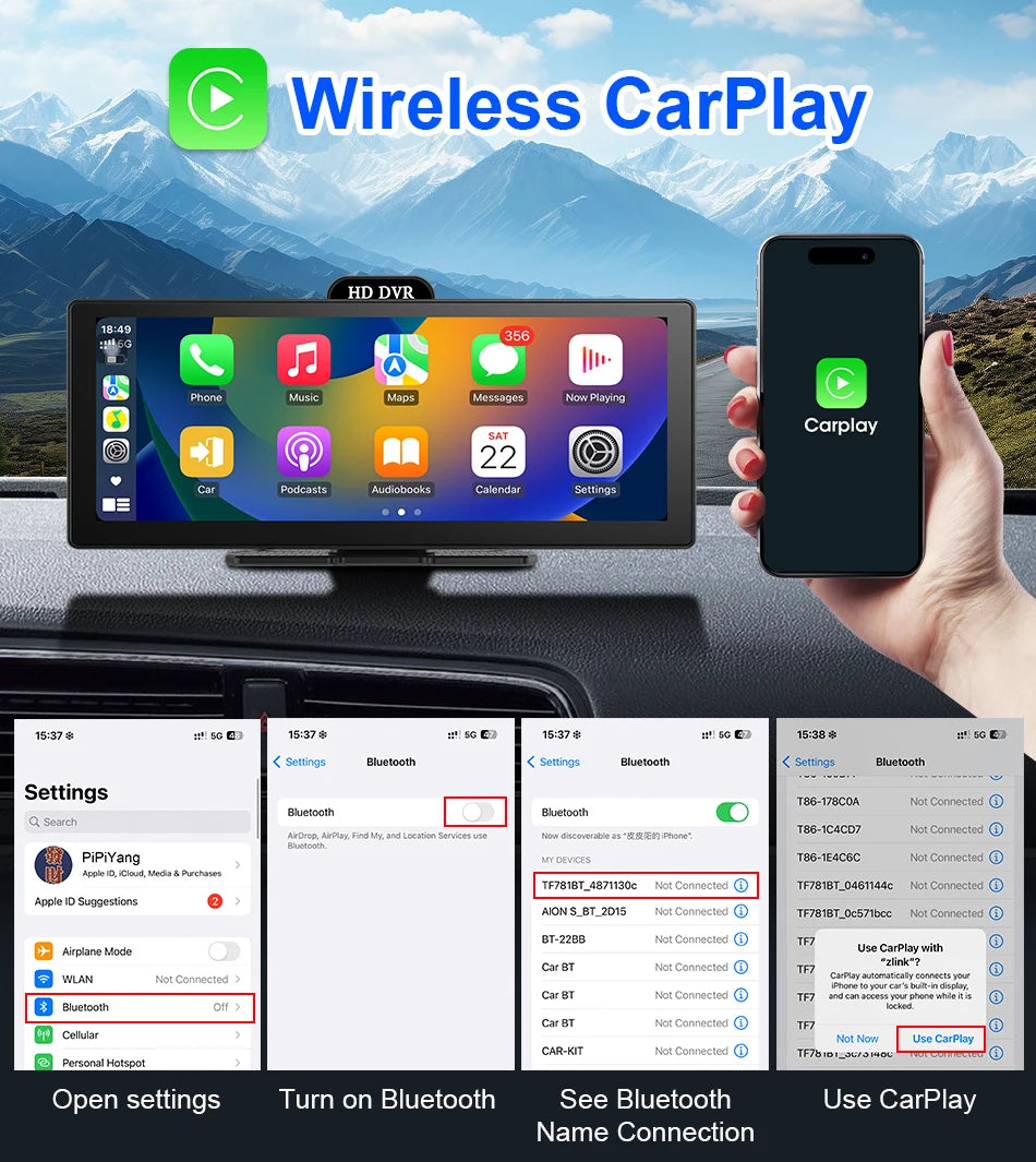 10/11.26 Inch 4K DVR Wireless CarPlay & Android Auto Dash Cam Bluetooth Audio GPS Navigation Dashboard Dual Lens Video Recorder