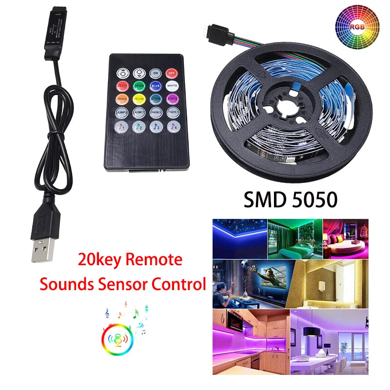 LED Strip Light 5050 USB Flexible Lamp TapeSound Sensor RGB Ribbon 1M 2M 3M 4M 5M DC5V Decoration TV BackLight