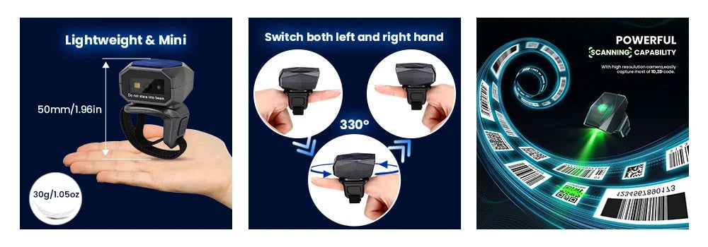 Eyoyo EY-016 Finger Ring Barcode Scanner Mini Wearable 3-in-1 USB Wired & 2.4G Wireless QR Reader for Store Warehouse Scanning