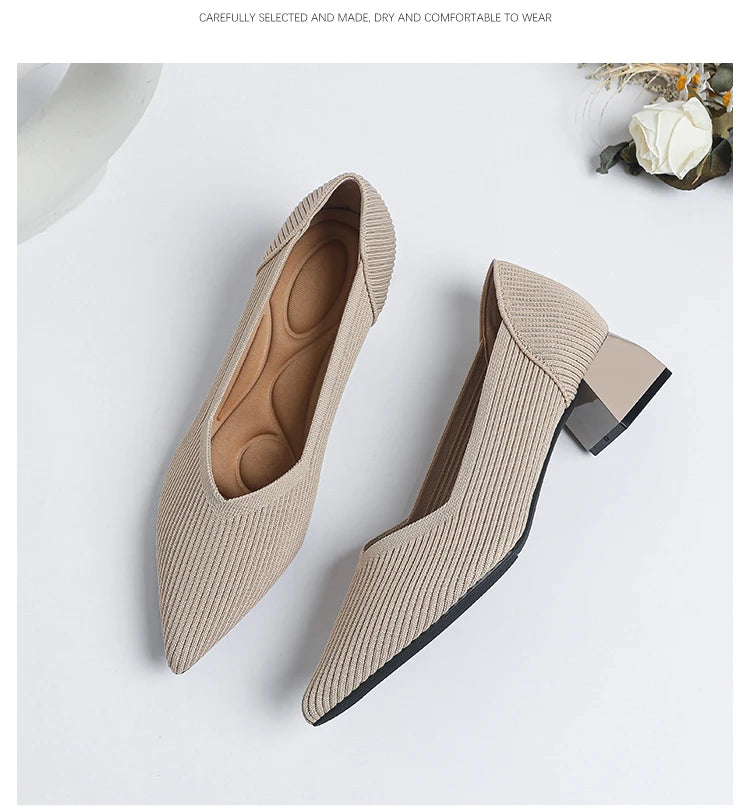 2025 New Women's High Heels Large 42/43 Fashion Pointed Anti slip Rubber Bottom Knitted Breathable Shoes
