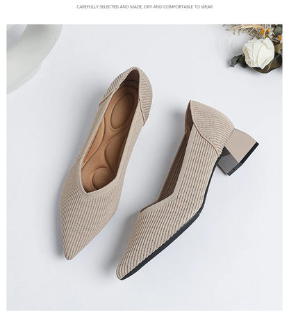 2025 New Women's High Heels Large 42/43 Fashion Pointed Anti slip Rubber Bottom Knitted Breathable Shoes