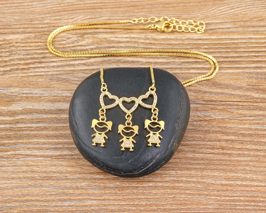 Nidin Exquisite Gold Plated Mom Daughter Necklace Girl Boy Pendant Chain Choker Cubic Zirconia Jewelry Mother's Day Gift