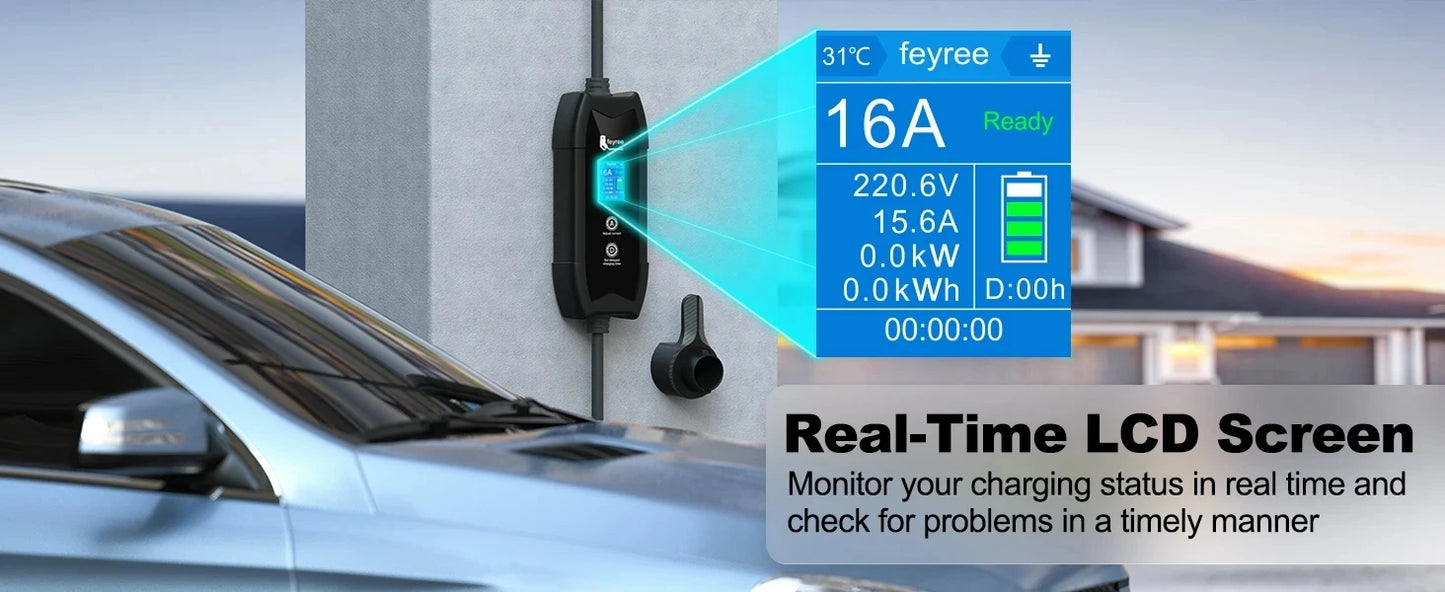 feyree EV Charger Portable 3.5kW TS-NACS Charger Plug 1.8" LCD Screen with Set Delay Schedule Charging Station for Tesla Cars