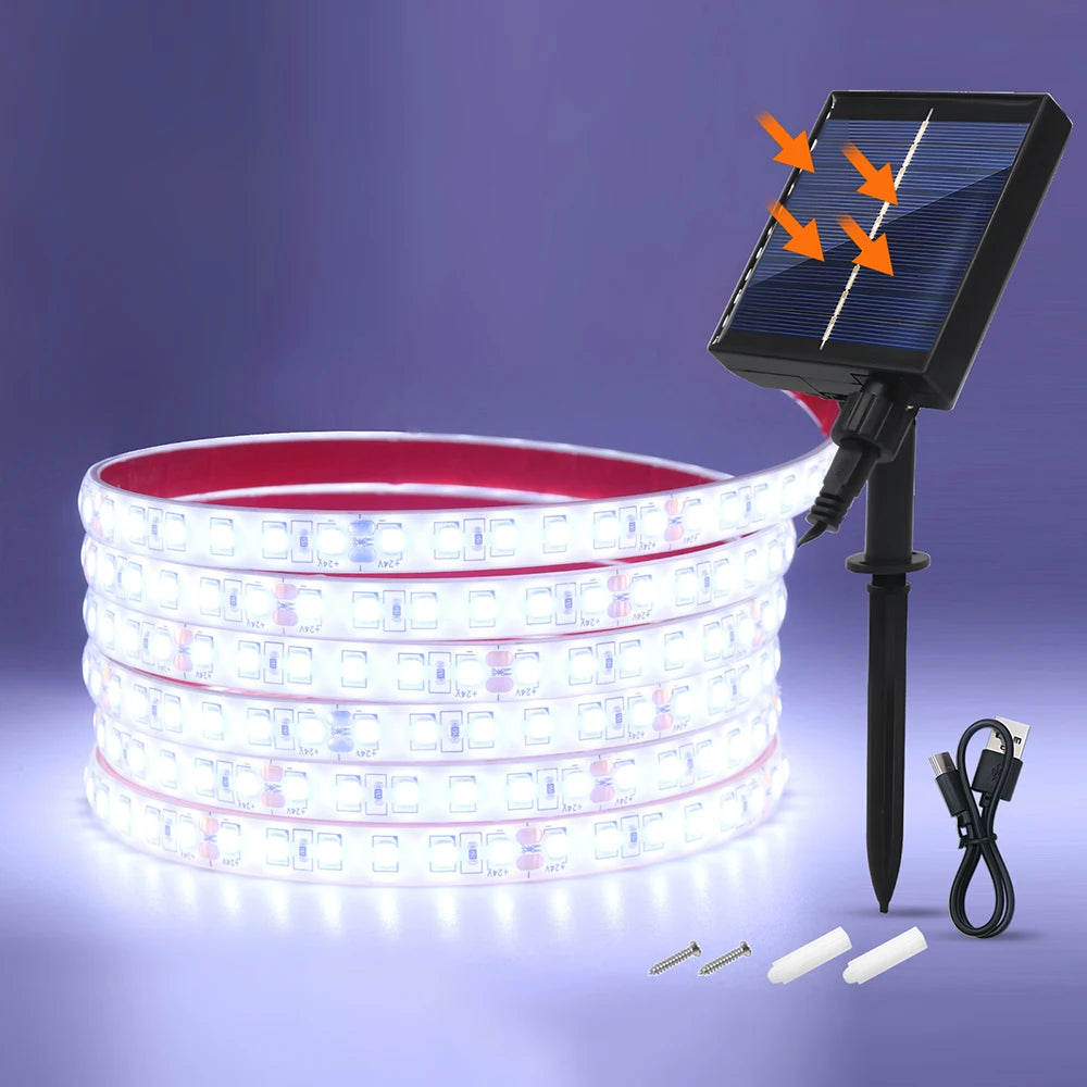 24V LED Light Strip Solar Waterproof 8 Modes 2835 120LEDs/m White Red Green Blue Flexi Lamp IP68 Party Garden Outdoor Decoration