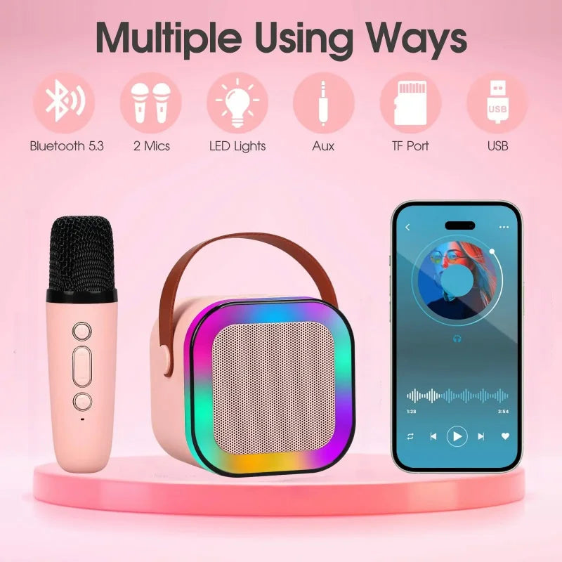 K12 Wireless Bluetooth Speaker with 2 Microphone RGB Portable Music Player Karaoke Machine for  Family Singing Children's Gifts