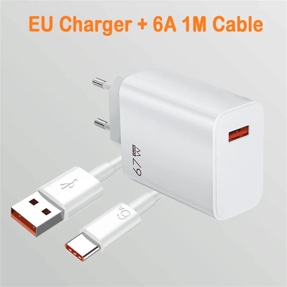 Total 67W USB GaN Charger Fast Charging Wall Phone Adapter 6A USB to TypeC Cable Quick Charge 3.0 Plug For iPhone Samsung Xiaomi