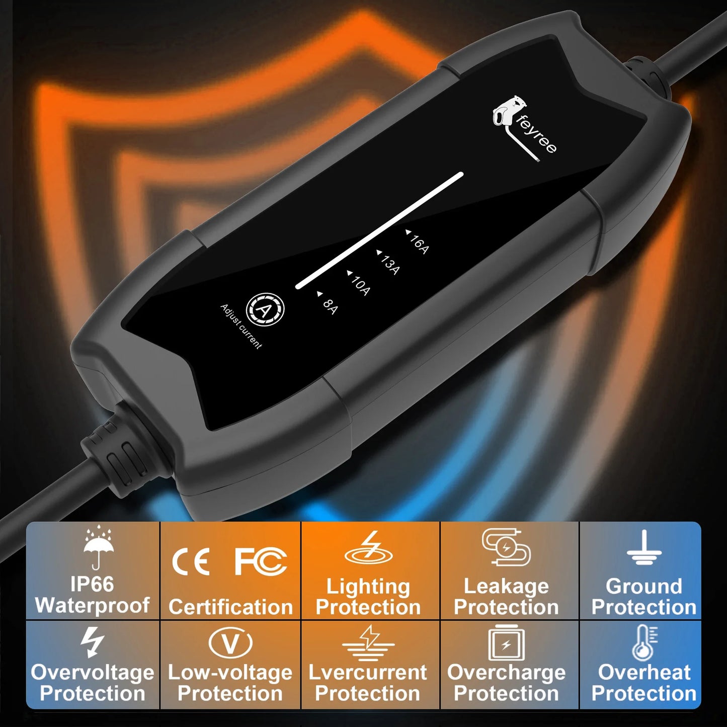feyree Type2 3.5KW 16A 1Phase EV Charger Portable Charging Box Current Adjustable 5m Cable Charging Station for Electric Vehicle
