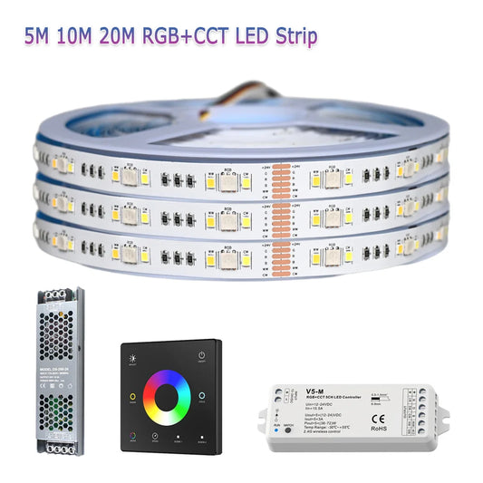 5m 10m 20m RGB+CCT LED Strip 24V 5050 Colorful+Dual White Flexible Dimmable Room Decor Party Light 2.4G RF Touch Panel Remote