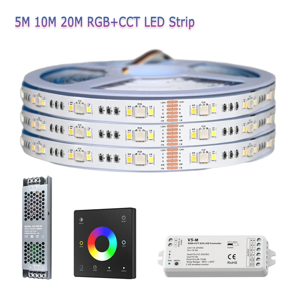 5m 10m 20m RGB+CCT LED Strip 24V 5050 Colorful+Dual White Flexible Dimmable Room Decor Party Light 2.4G RF Touch Panel Remote