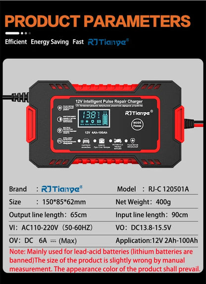 EAFC 12V 6A Full Automatic Car Battery Charger Digital Display Battery Charger Power Puls Repair Chargers Wet Dry Lead Acid